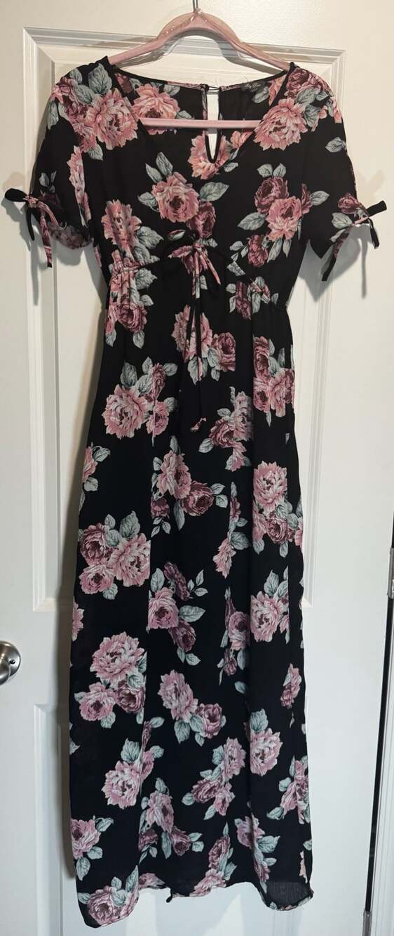 Lily Rose Black Pink Floral V-Neck Short Sleeve Maxi Dress with Tie Sleeves